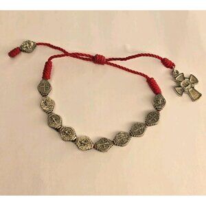 Adjustable Red cord Saint Benedict bracelet with silver-tone medals and a cross